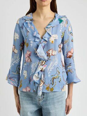 Dorothee Schumacher Floral Twist Blue Silk Ruffle Blouse